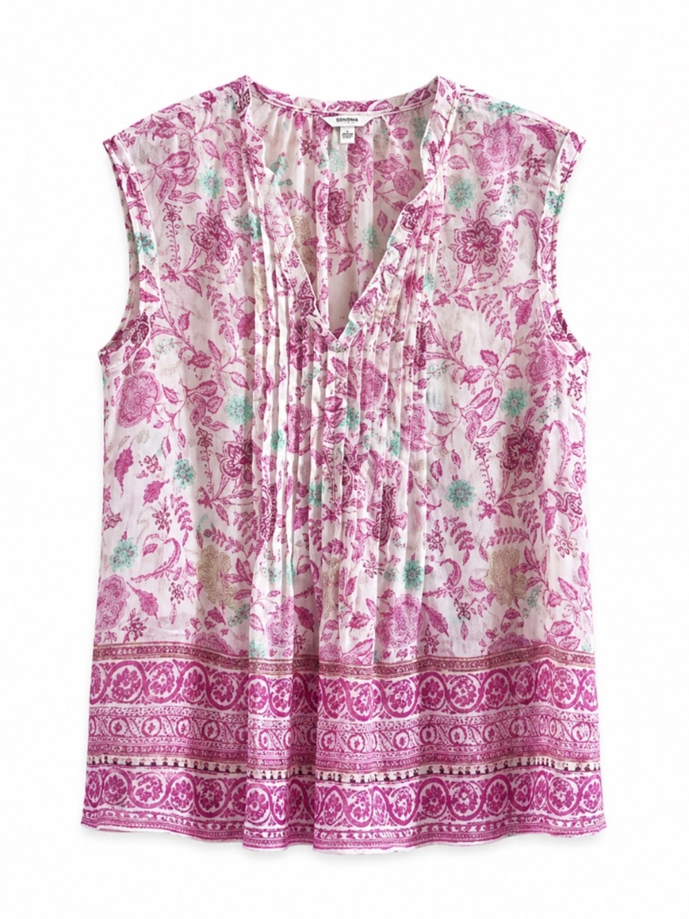 4/$20➡️ Sonoma White & Pink Sheer Floral Blouse Ruffle Neckline –Medium EUC